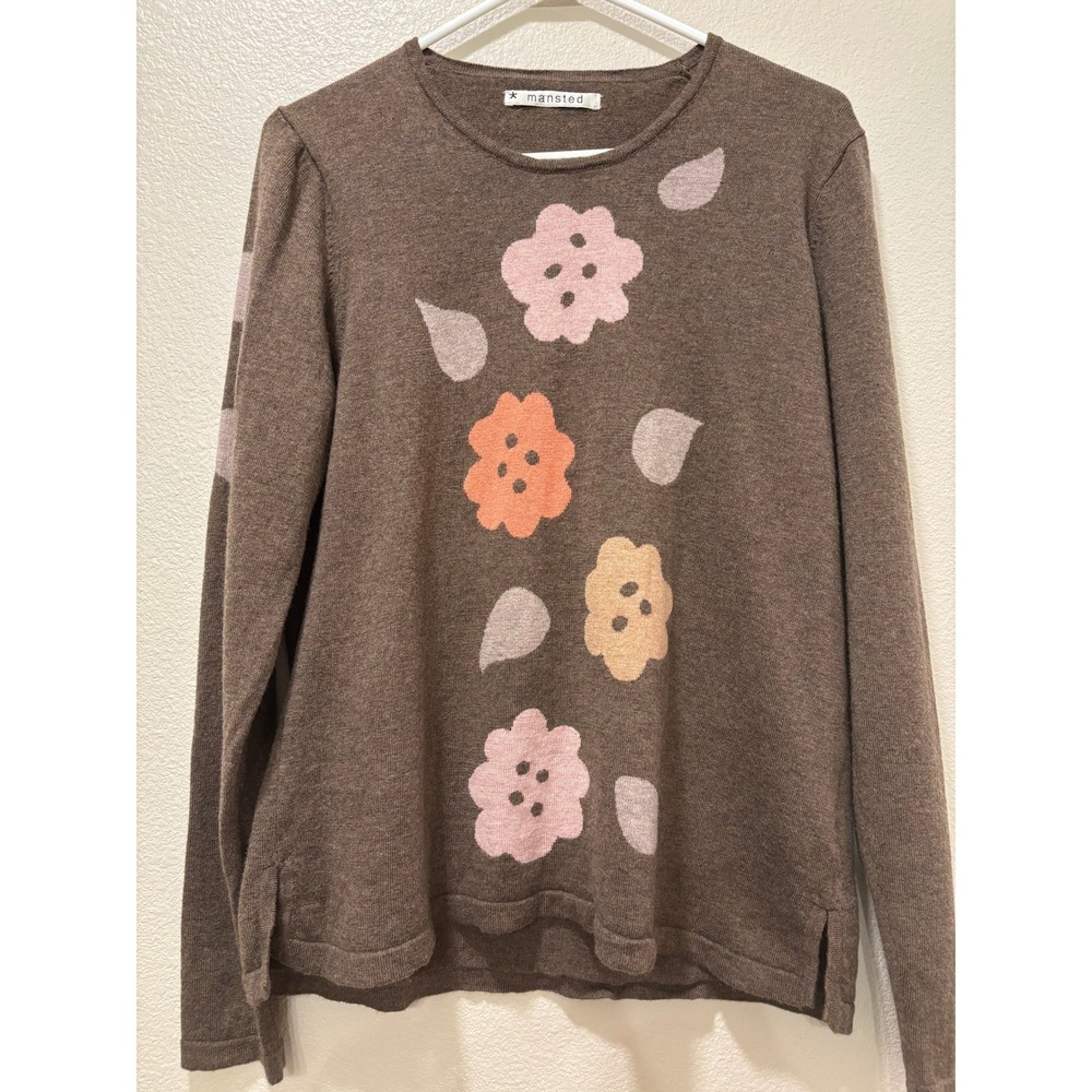 Mansted Denmark Merino Wool Cotton Floral Intarsia Sweater Brown Womens Large